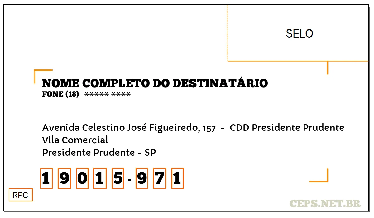 CEP PRESIDENTE PRUDENTE - SP, DDD 18, CEP 19015971, AVENIDA CELESTINO JOSÉ FIGUEIREDO, 157 , BAIRRO VILA COMERCIAL.