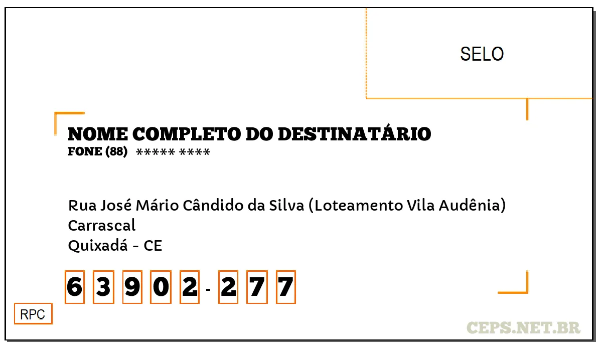 CEP QUIXADÁ - CE, DDD 88, CEP 63902277, RUA JOSÉ MÁRIO CÂNDIDO DA SILVA (LOTEAMENTO VILA AUDÊNIA), BAIRRO CARRASCAL.