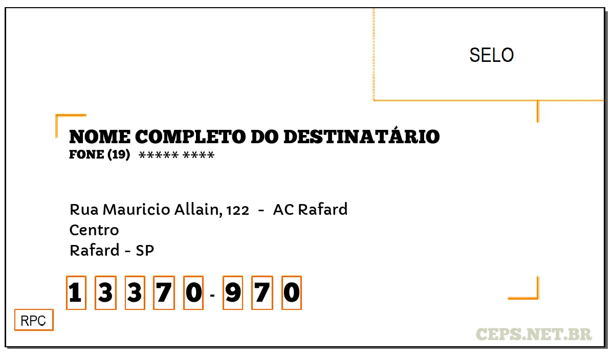 CEP RAFARD - SP, DDD 19, CEP 13370970, RUA MAURICIO ALLAIN, 122 , BAIRRO CENTRO.