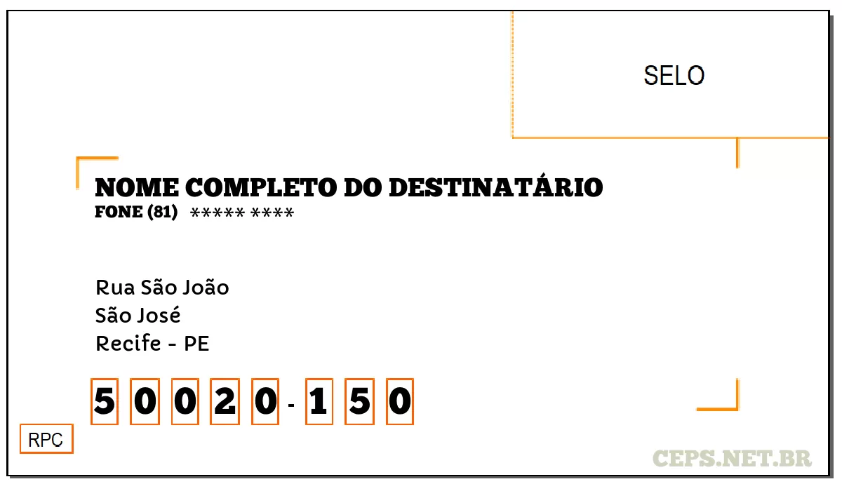 CEP RECIFE - PE, DDD 81, CEP 50020150, RUA SÃO JOÃO, BAIRRO SÃO JOSÉ.
