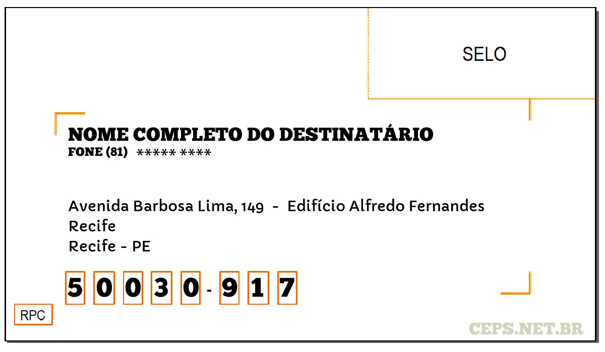 CEP RECIFE - PE, DDD 81, CEP 50030917, AVENIDA BARBOSA LIMA, 149 , BAIRRO RECIFE.