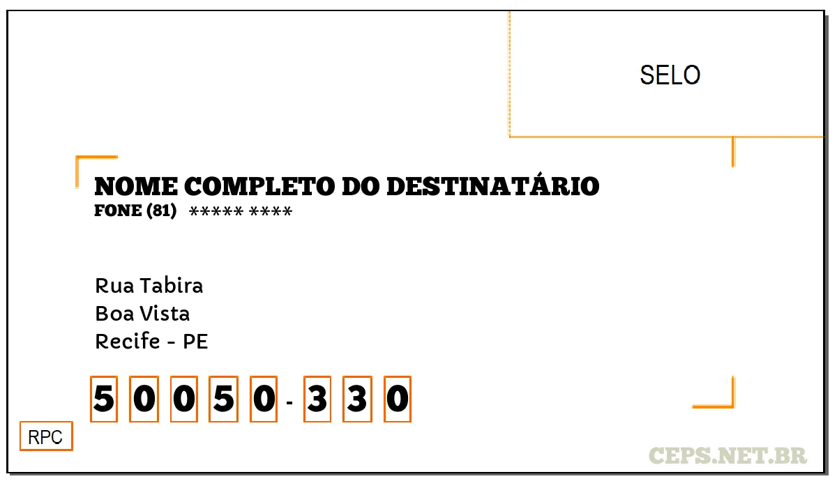 CEP RECIFE - PE, DDD 81, CEP 50050330, RUA TABIRA, BAIRRO BOA VISTA.