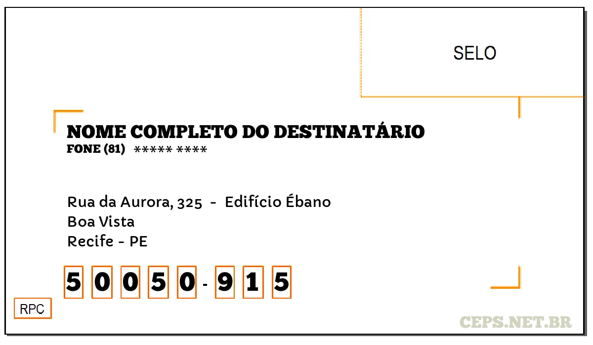 CEP RECIFE - PE, DDD 81, CEP 50050915, RUA DA AURORA, 325 , BAIRRO BOA VISTA.