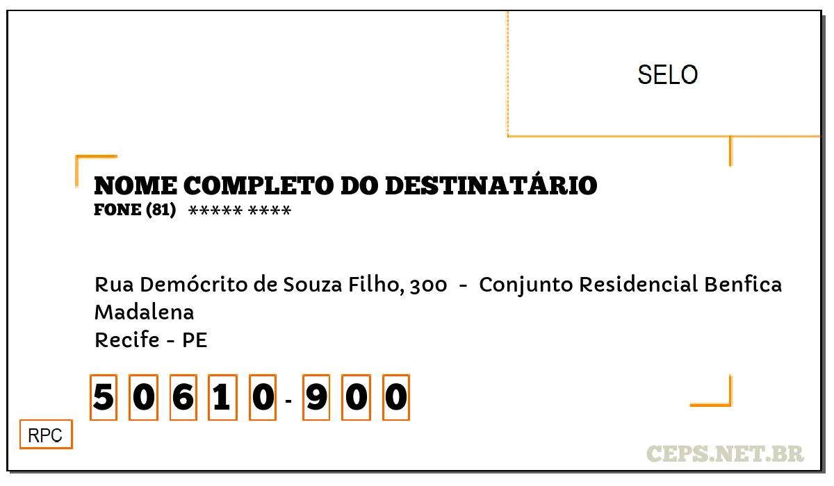 CEP RECIFE - PE, DDD 81, CEP 50610900, RUA DEMÓCRITO DE SOUZA FILHO, 300 , BAIRRO MADALENA.