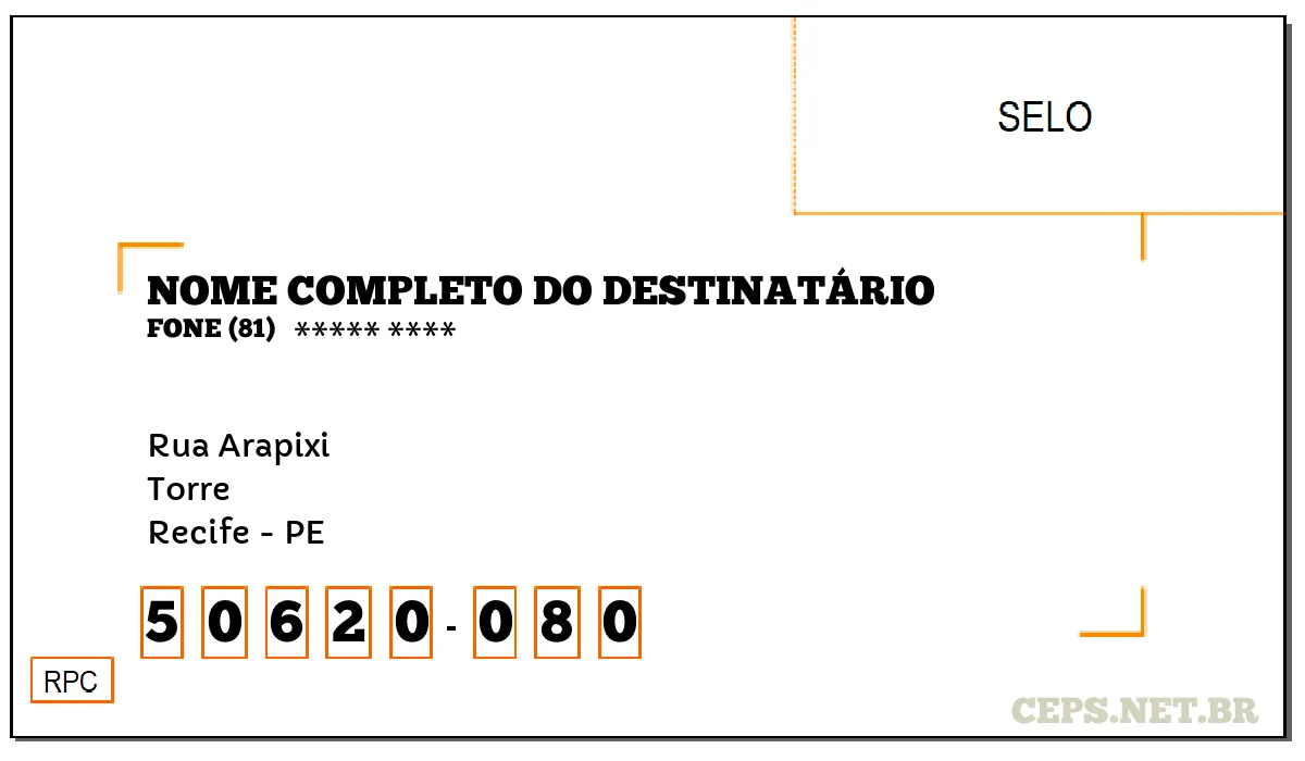 CEP RECIFE - PE, DDD 81, CEP 50620080, RUA ARAPIXI, BAIRRO TORRE.