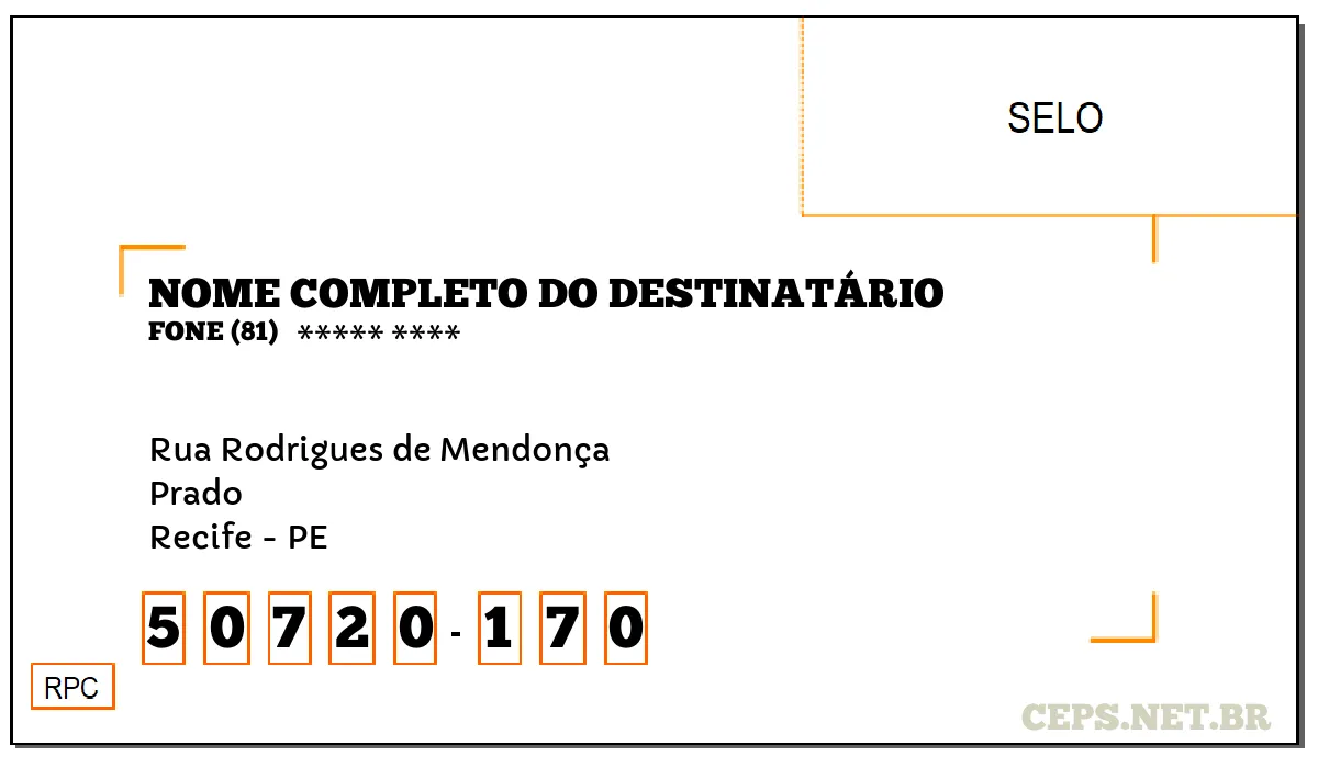 CEP RECIFE - PE, DDD 81, CEP 50720170, RUA RODRIGUES DE MENDONÇA, BAIRRO PRADO.