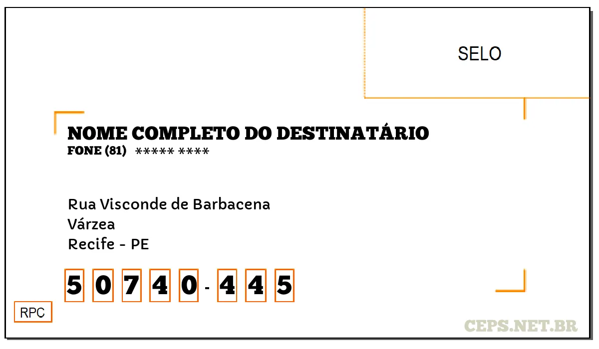 CEP RECIFE - PE, DDD 81, CEP 50740445, RUA VISCONDE DE BARBACENA, BAIRRO VÁRZEA.