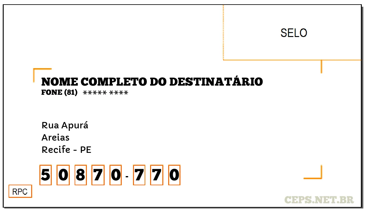 CEP RECIFE - PE, DDD 81, CEP 50870770, RUA APURÁ, BAIRRO AREIAS.