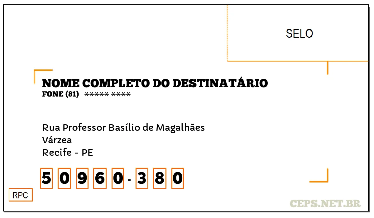 CEP RECIFE - PE, DDD 81, CEP 50960380, RUA PROFESSOR BASÍLIO DE MAGALHÃES, BAIRRO VÁRZEA.