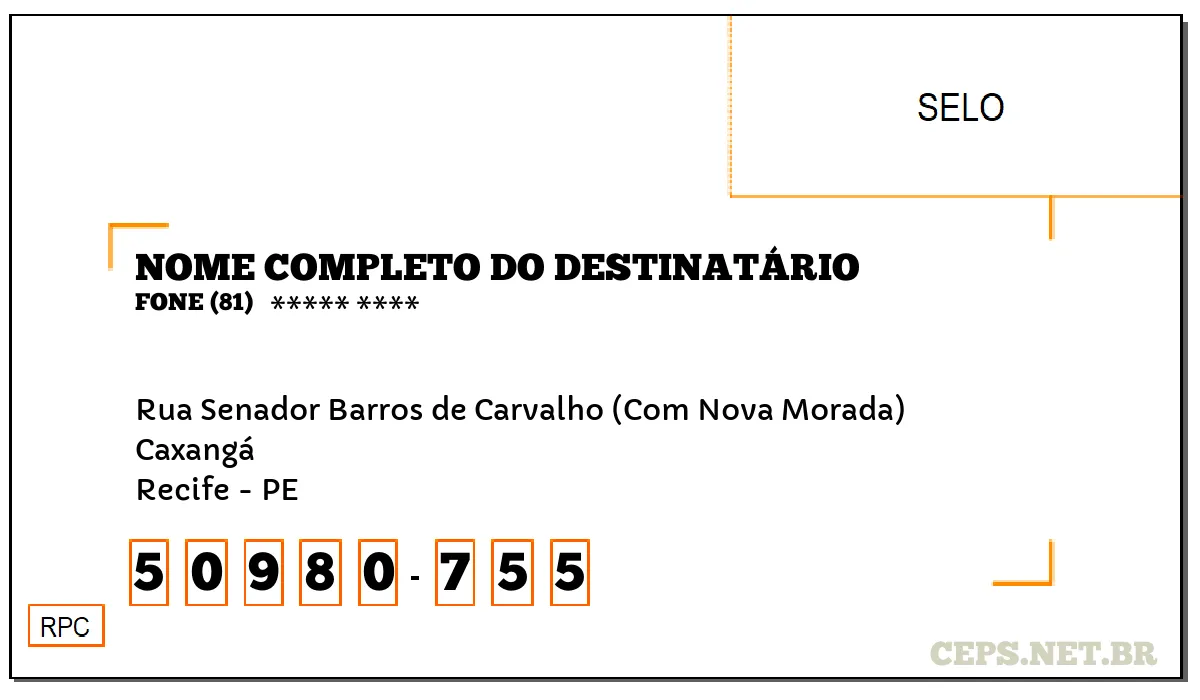 CEP RECIFE - PE, DDD 81, CEP 50980755, RUA SENADOR BARROS DE CARVALHO (COM NOVA MORADA), BAIRRO CAXANGÁ.