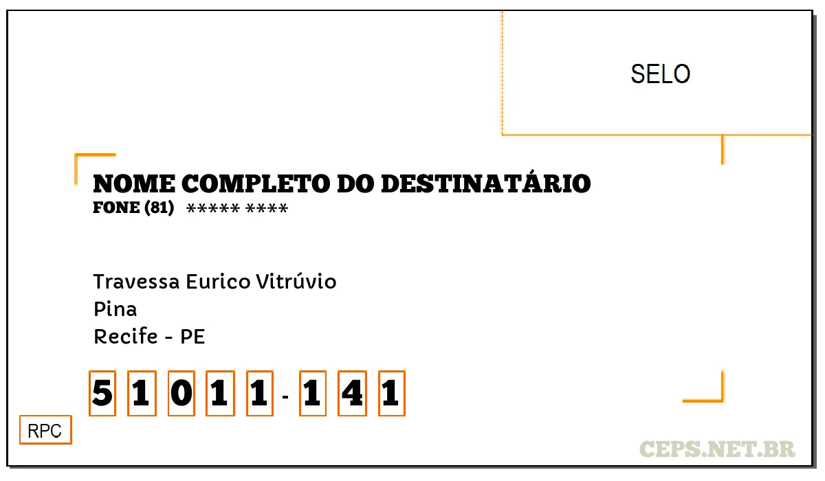 CEP RECIFE - PE, DDD 81, CEP 51011141, TRAVESSA EURICO VITRÚVIO, BAIRRO PINA.