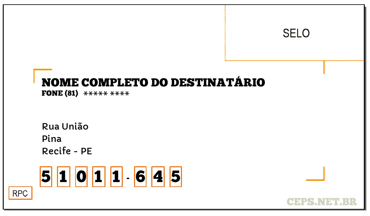 CEP RECIFE - PE, DDD 81, CEP 51011645, RUA UNIÃO, BAIRRO PINA.