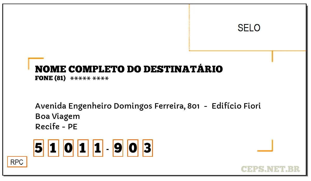 CEP RECIFE - PE, DDD 81, CEP 51011903, AVENIDA ENGENHEIRO DOMINGOS FERREIRA, 801 , BAIRRO BOA VIAGEM.