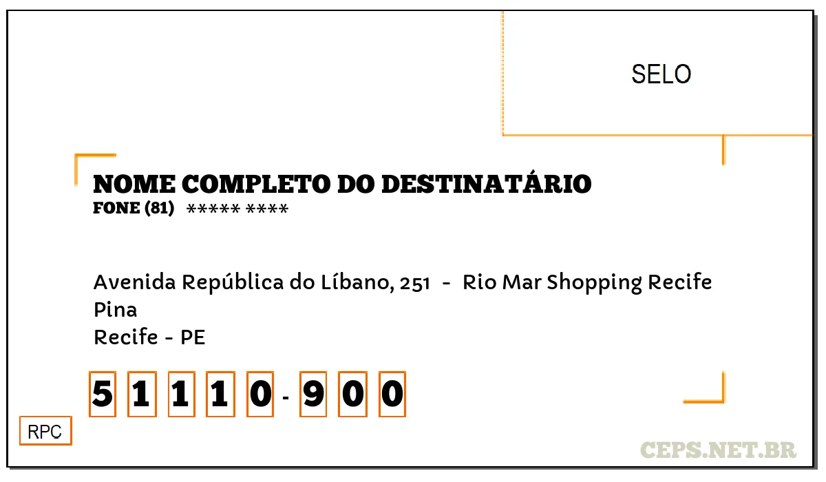 CEP RECIFE - PE, DDD 81, CEP 51110900, AVENIDA REPÚBLICA DO LÍBANO, 251 , BAIRRO PINA.