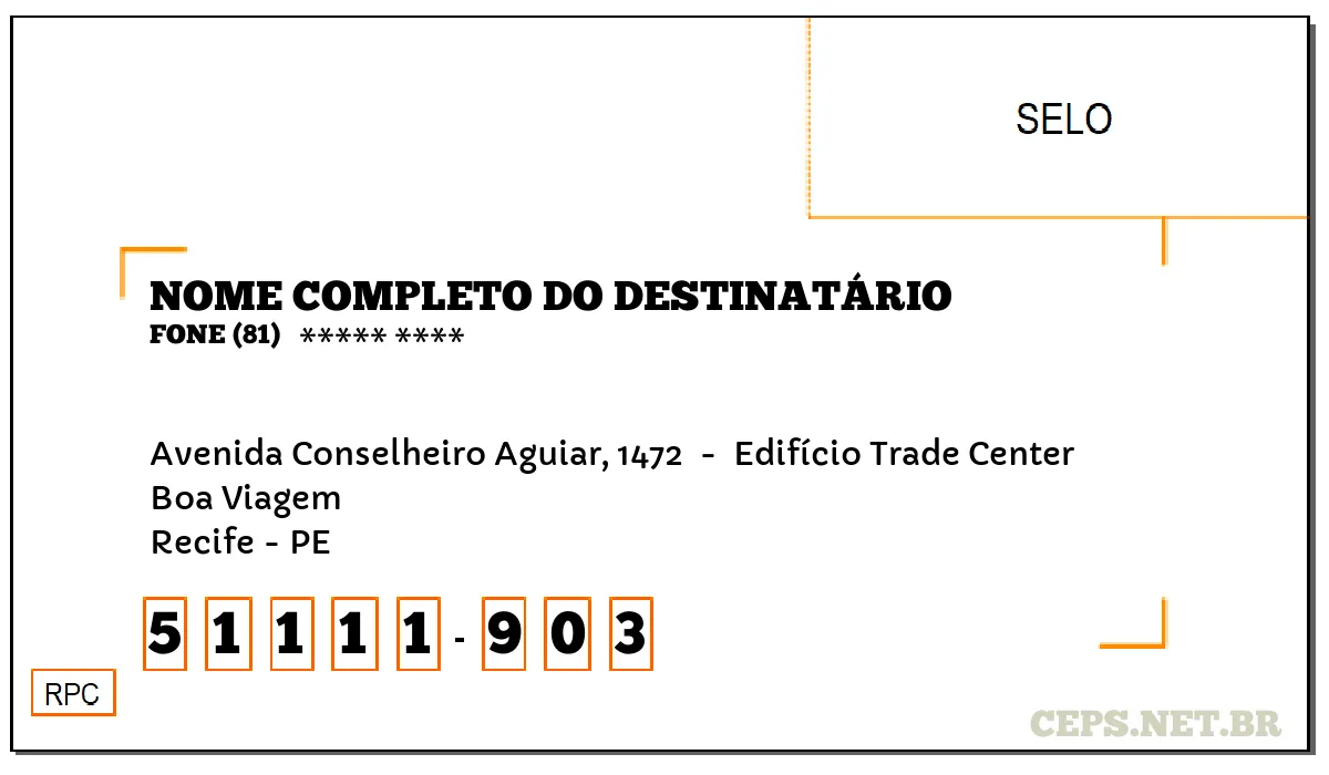 CEP RECIFE - PE, DDD 81, CEP 51111903, AVENIDA CONSELHEIRO AGUIAR, 1472 , BAIRRO BOA VIAGEM.