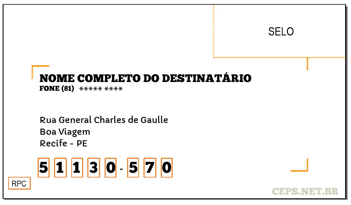 CEP RECIFE - PE, DDD 81, CEP 51130570, RUA GENERAL CHARLES DE GAULLE, BAIRRO BOA VIAGEM.