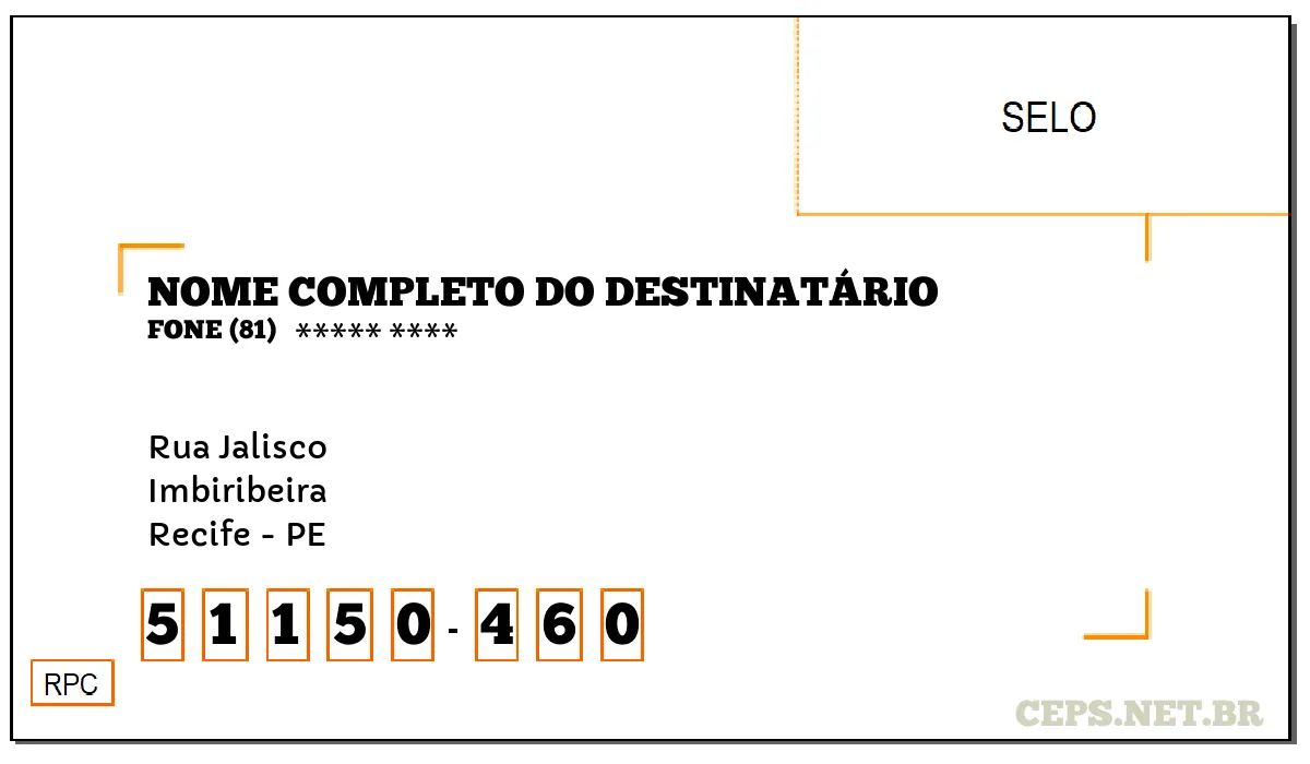 CEP RECIFE - PE, DDD 81, CEP 51150460, RUA JALISCO, BAIRRO IMBIRIBEIRA.