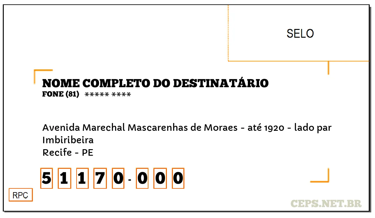 CEP RECIFE - PE, DDD 81, CEP 51170000, AVENIDA MARECHAL MASCARENHAS DE MORAES - ATÉ 1920 - LADO PAR, BAIRRO IMBIRIBEIRA.