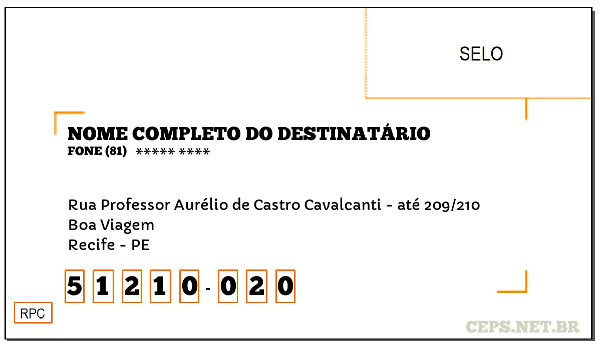 CEP RECIFE - PE, DDD 81, CEP 51210020, RUA PROFESSOR AURÉLIO DE CASTRO CAVALCANTI - ATÉ 209/210, BAIRRO BOA VIAGEM.