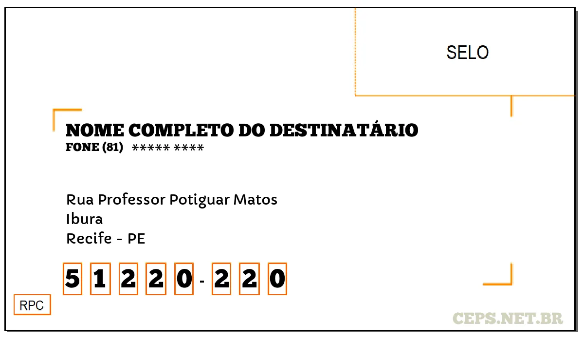 CEP RECIFE - PE, DDD 81, CEP 51220220, RUA PROFESSOR POTIGUAR MATOS, BAIRRO IBURA.