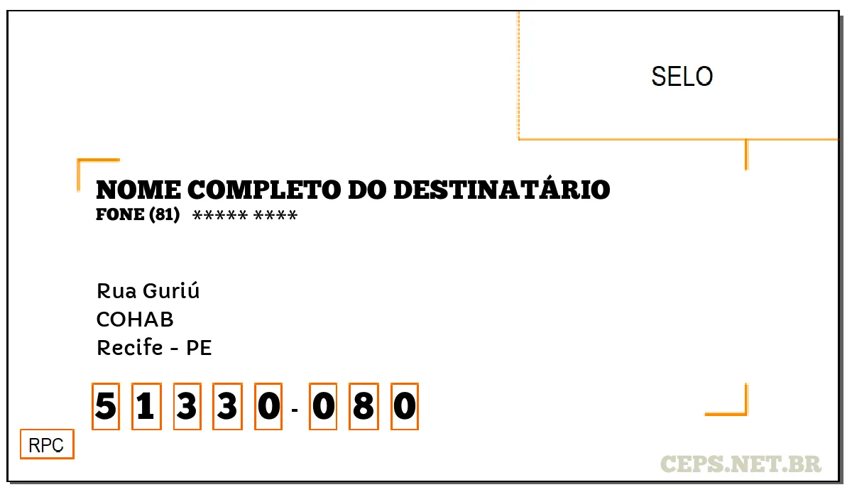 CEP RECIFE - PE, DDD 81, CEP 51330080, RUA GURIÚ, BAIRRO COHAB.