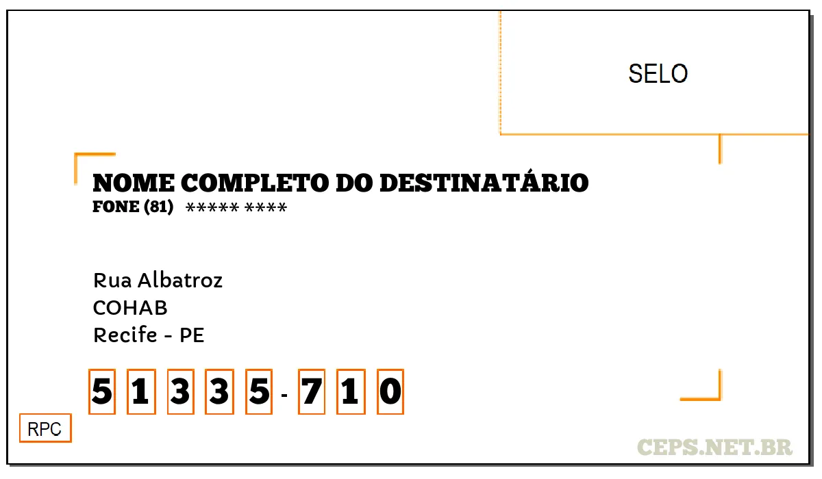 CEP RECIFE - PE, DDD 81, CEP 51335710, RUA ALBATROZ, BAIRRO COHAB.