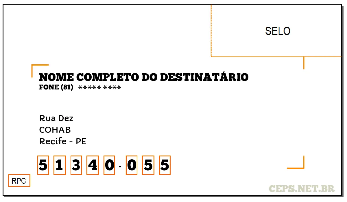 CEP RECIFE - PE, DDD 81, CEP 51340055, RUA DEZ, BAIRRO COHAB.