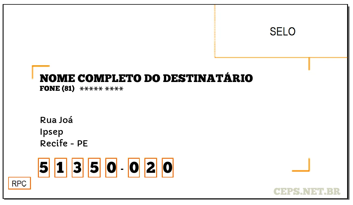 CEP RECIFE - PE, DDD 81, CEP 51350020, RUA JOÁ, BAIRRO IPSEP.