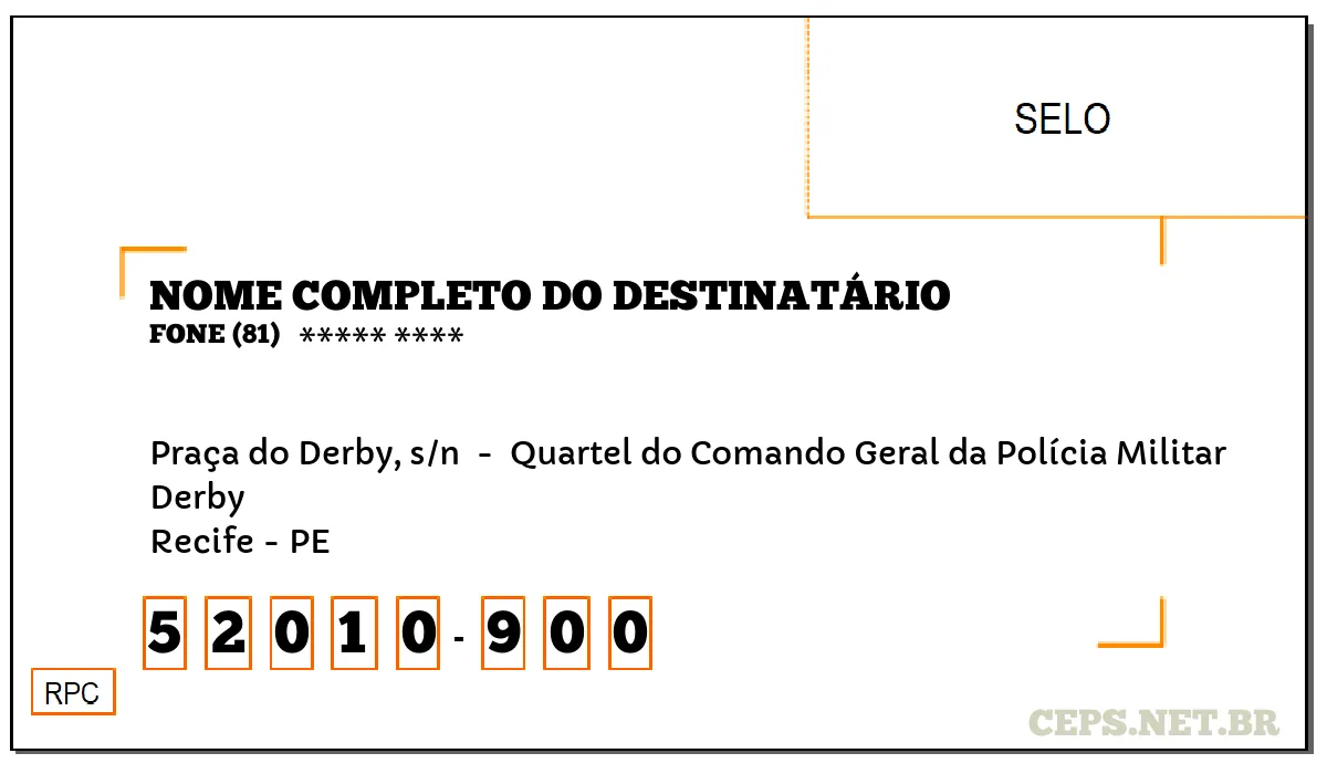 CEP RECIFE - PE, DDD 81, CEP 52010900, PRAÇA DO DERBY, S/N , BAIRRO DERBY.