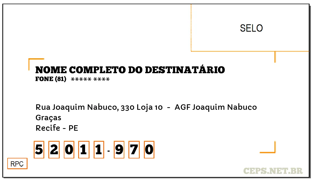 CEP RECIFE - PE, DDD 81, CEP 52011970, RUA JOAQUIM NABUCO, 330 LOJA 10 , BAIRRO GRAÇAS.