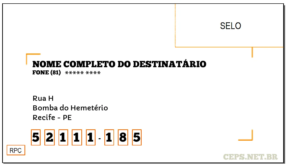 CEP RECIFE - PE, DDD 81, CEP 52111185, RUA H, BAIRRO BOMBA DO HEMETÉRIO.