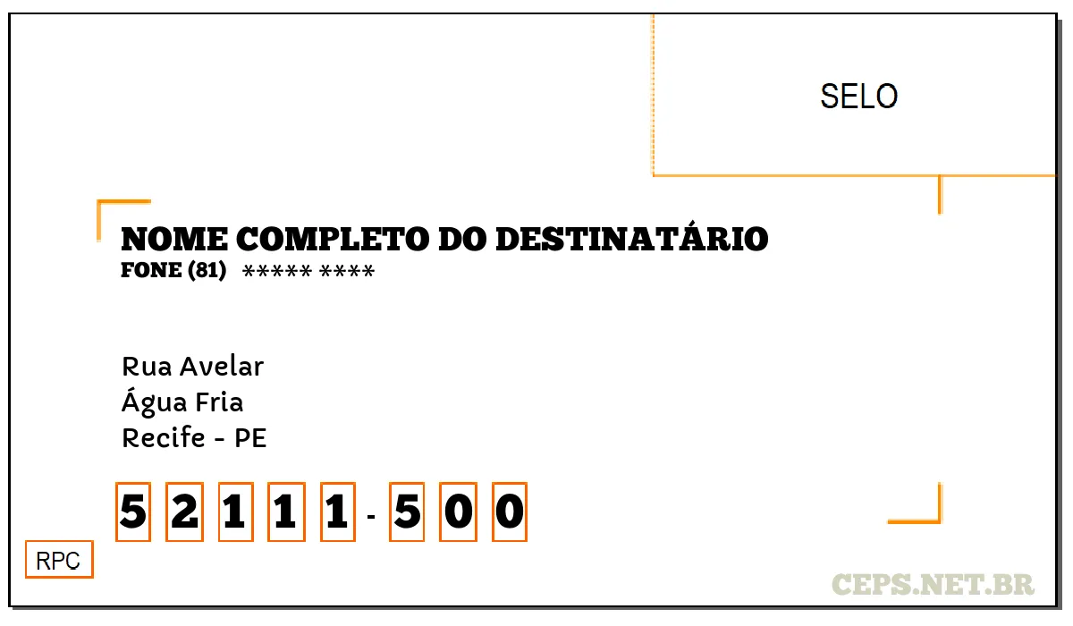 CEP RECIFE - PE, DDD 81, CEP 52111500, RUA AVELAR, BAIRRO ÁGUA FRIA.