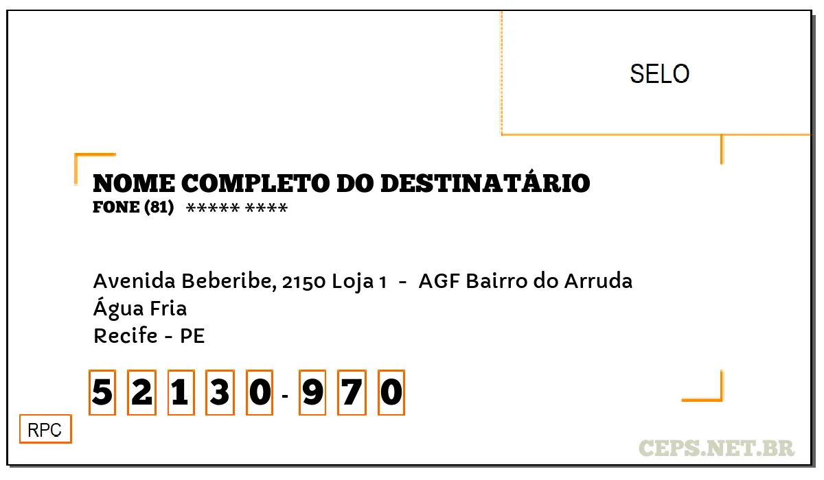 CEP RECIFE - PE, DDD 81, CEP 52130970, AVENIDA BEBERIBE, 2150 LOJA 1 , BAIRRO ÁGUA FRIA.