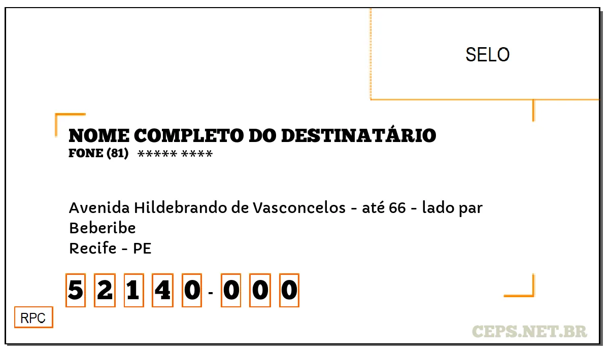 CEP RECIFE - PE, DDD 81, CEP 52140000, AVENIDA HILDEBRANDO DE VASCONCELOS - ATÉ 66 - LADO PAR, BAIRRO BEBERIBE.