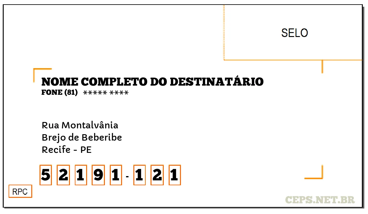 CEP RECIFE - PE, DDD 81, CEP 52191121, RUA MONTALVÂNIA, BAIRRO BREJO DE BEBERIBE.