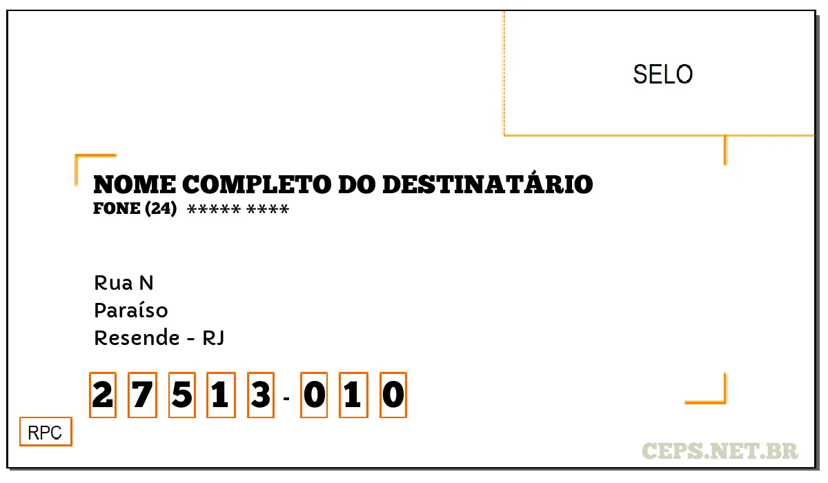 CEP RESENDE - RJ, DDD 24, CEP 27513010, RUA N, BAIRRO PARAÍSO.