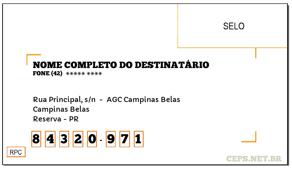 CEP RESERVA - PR, DDD 42, CEP 84320971, RUA PRINCIPAL, S/N , BAIRRO CAMPINAS BELAS.