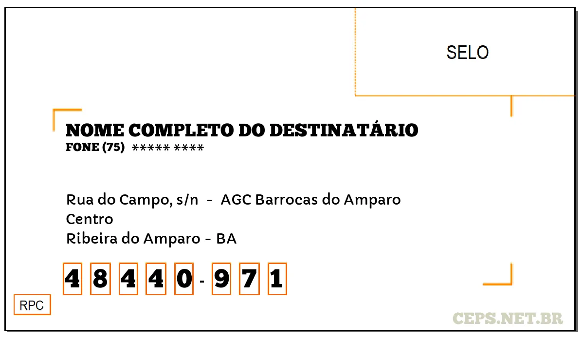 CEP RIBEIRA DO AMPARO - BA, DDD 75, CEP 48440971, RUA DO CAMPO, S/N , BAIRRO CENTRO.