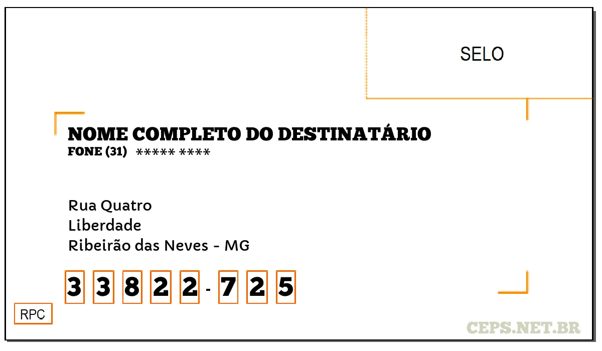 CEP RIBEIRÃO DAS NEVES - MG, DDD 31, CEP 33822725, RUA QUATRO, BAIRRO LIBERDADE.