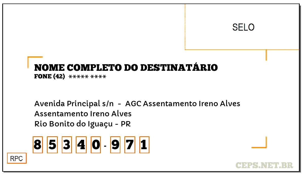 CEP RIO BONITO DO IGUAÇU - PR, DDD 42, CEP 85340971, AVENIDA PRINCIPAL S/N , BAIRRO ASSENTAMENTO IRENO ALVES.