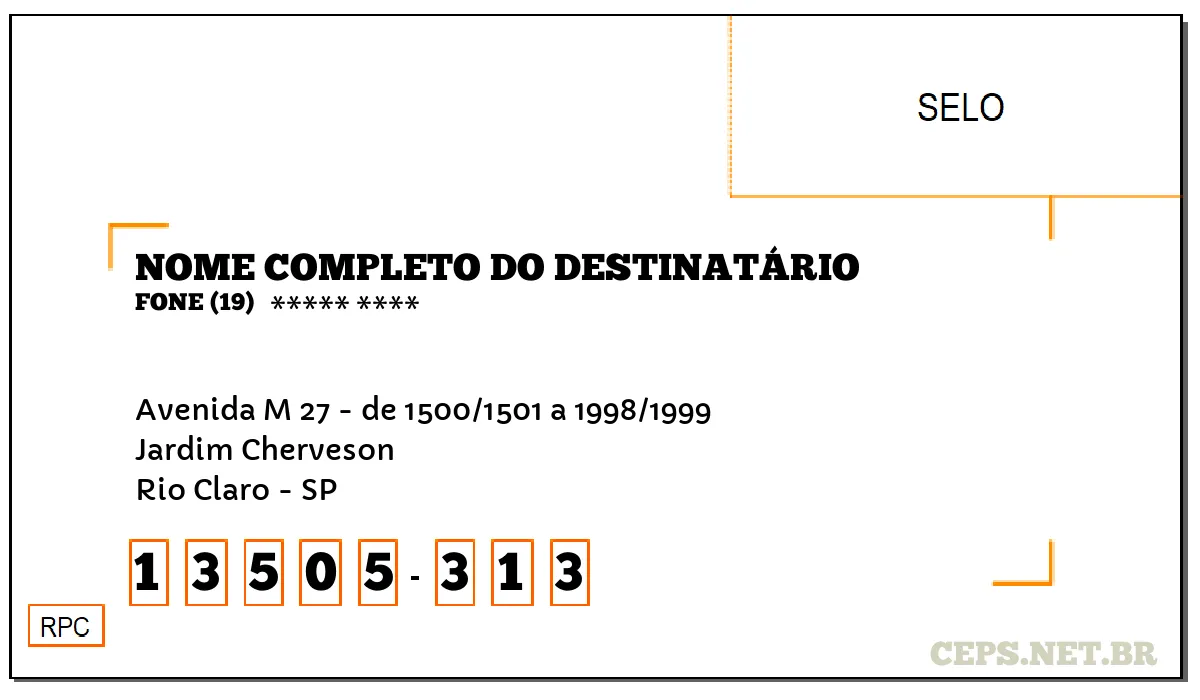 CEP RIO CLARO - SP, DDD 19, CEP 13505313, AVENIDA M 27 - DE 1500/1501 A 1998/1999, BAIRRO JARDIM CHERVESON.