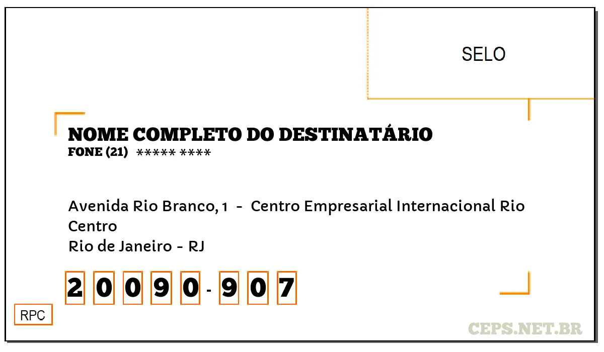 CEP RIO DE JANEIRO - RJ, DDD 21, CEP 20090907, AVENIDA RIO BRANCO, 1 , BAIRRO CENTRO.