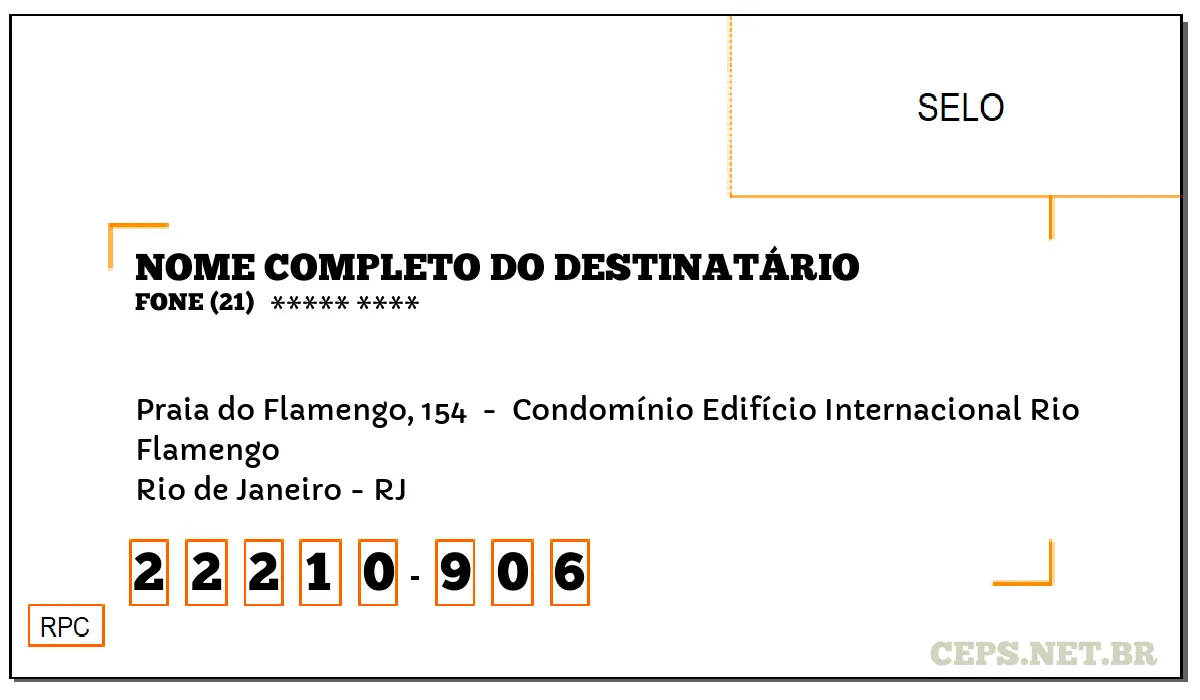 CEP RIO DE JANEIRO - RJ, DDD 21, CEP 22210906, PRAIA DO FLAMENGO, 154 , BAIRRO FLAMENGO.