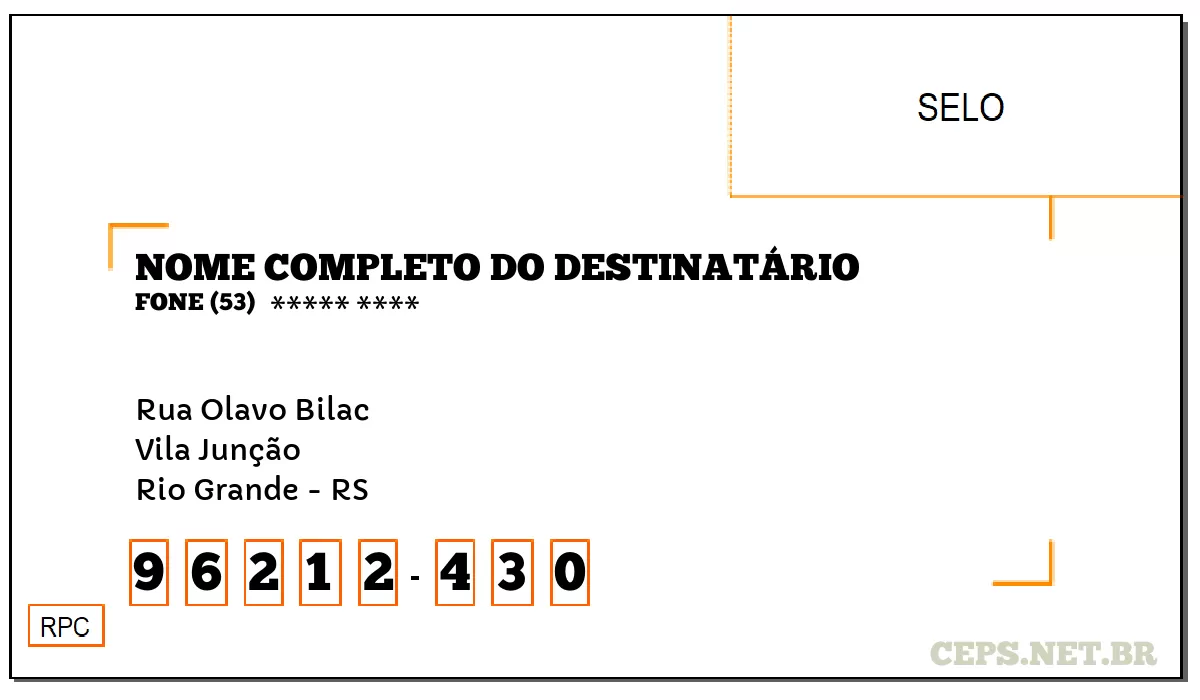 CEP RIO GRANDE - RS, DDD 53, CEP 96212430, RUA OLAVO BILAC, BAIRRO VILA JUNÇÃO.