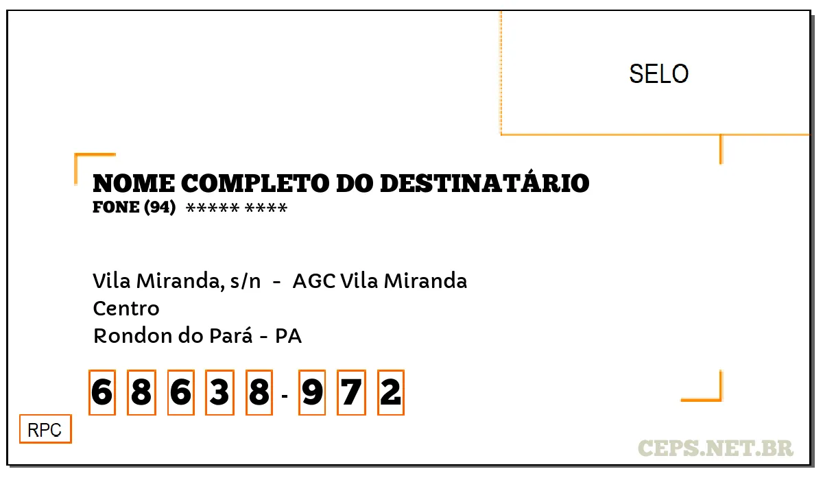 CEP RONDON DO PARÁ - PA, DDD 94, CEP 68638972, VILA MIRANDA, S/N , BAIRRO CENTRO.