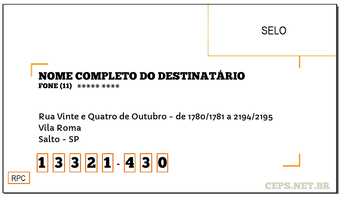 CEP SALTO - SP, DDD 11, CEP 13321430, RUA VINTE E QUATRO DE OUTUBRO - DE 1780/1781 A 2194/2195, BAIRRO VILA ROMA.