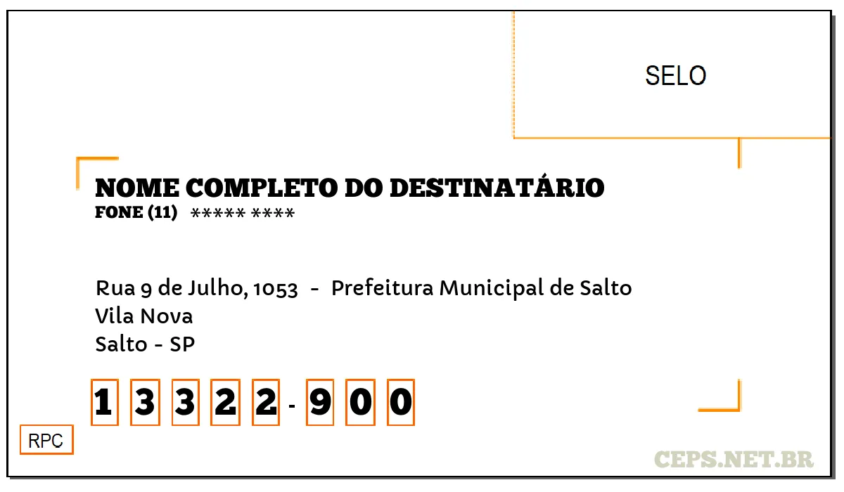 CEP SALTO - SP, DDD 11, CEP 13322900, RUA 9 DE JULHO, 1053 , BAIRRO VILA NOVA.