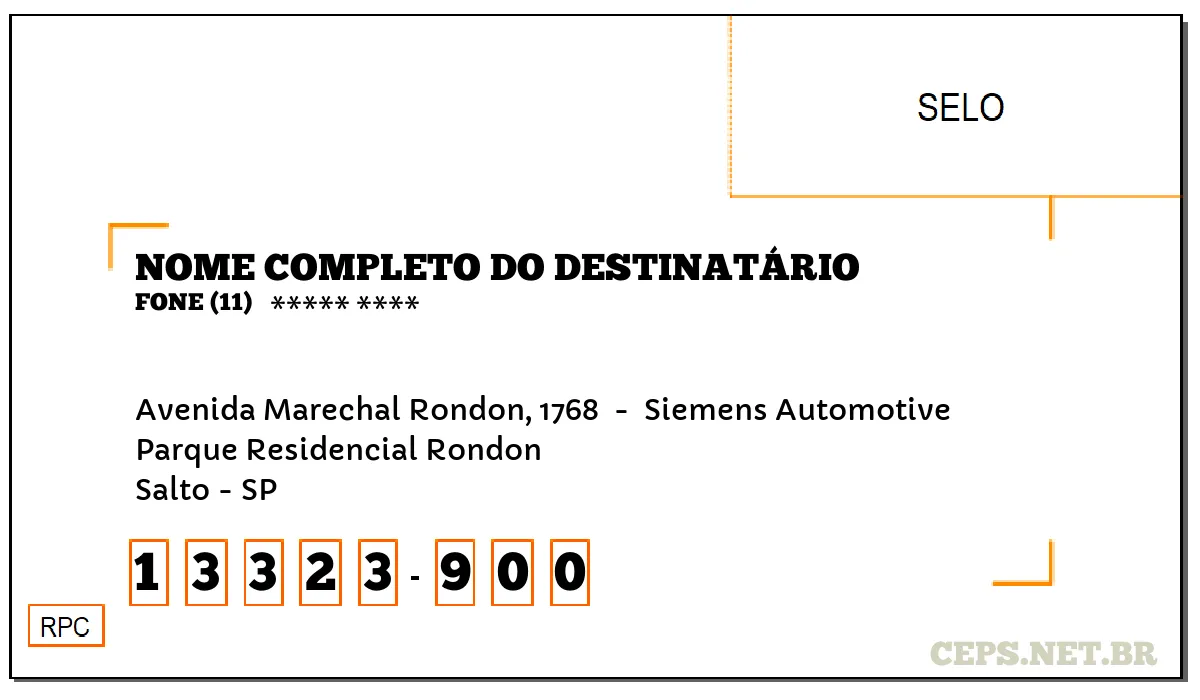 CEP SALTO - SP, DDD 11, CEP 13323900, AVENIDA MARECHAL RONDON, 1768 , BAIRRO PARQUE RESIDENCIAL RONDON.