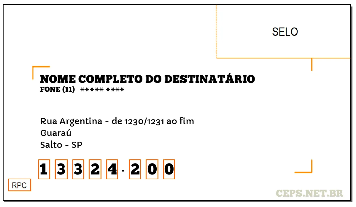 CEP SALTO - SP, DDD 11, CEP 13324200, RUA ARGENTINA - DE 1230/1231 AO FIM, BAIRRO GUARAÚ.