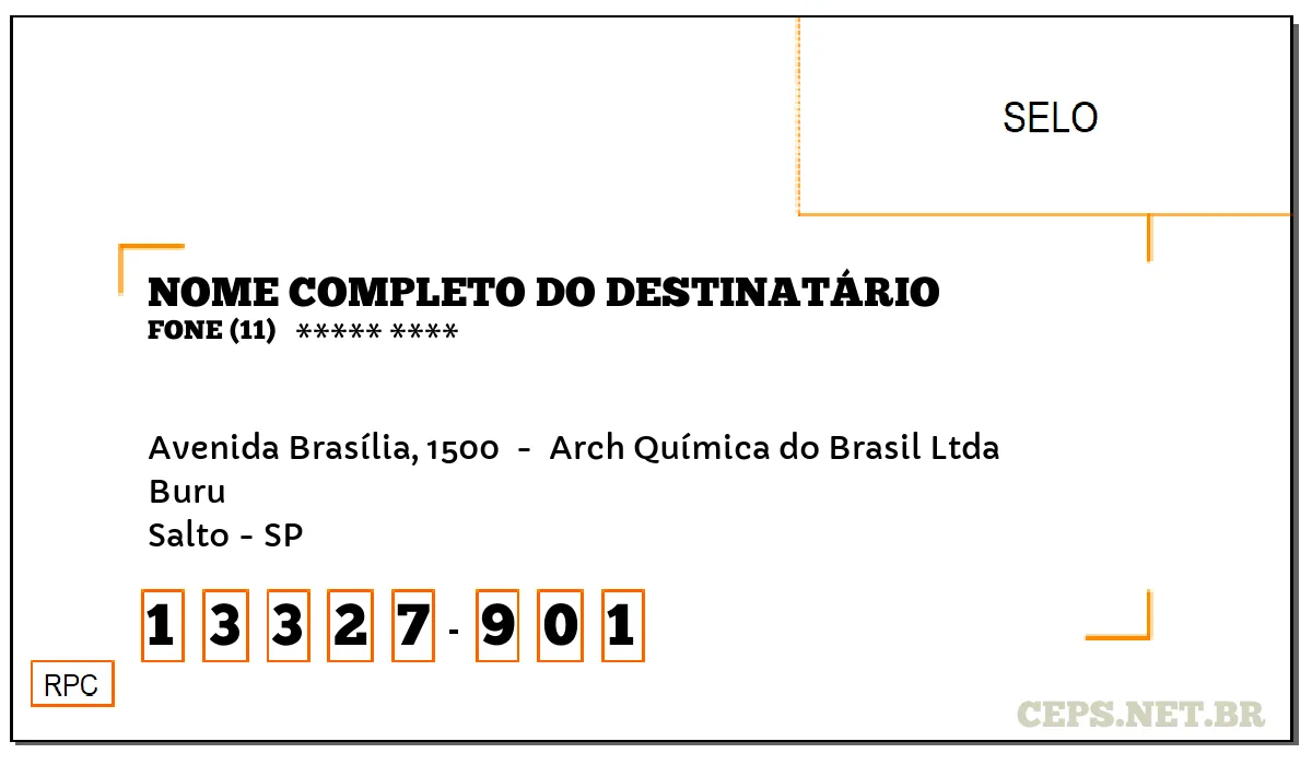 CEP SALTO - SP, DDD 11, CEP 13327901, AVENIDA BRASÍLIA, 1500 , BAIRRO BURU.